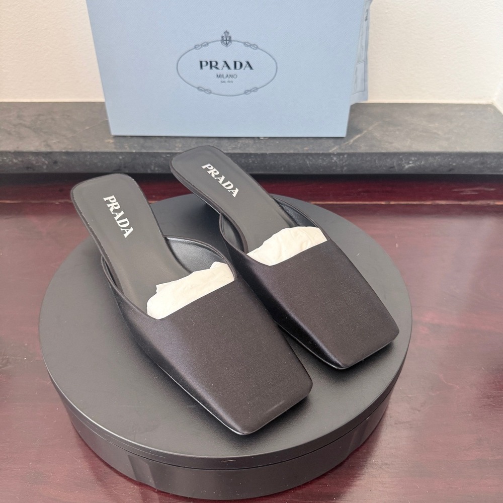 Prada 1I479N Black Satin Square Toe Kitten Heel Mules Sandals Shoes IT 37
